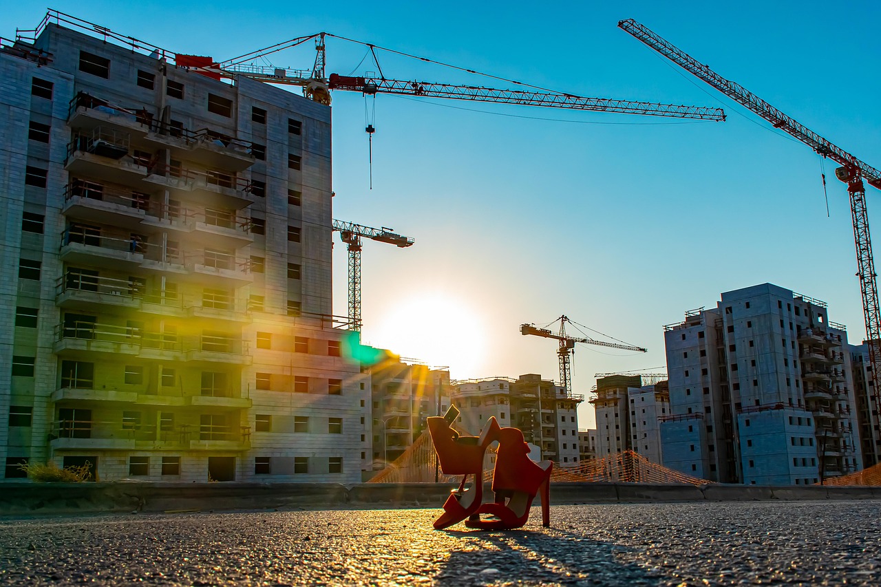 shoes, cranes, buildings, nature, construction, architecture, industry, housebuilding, city, work, high, project, site, technology, construction site, light, red shoes, street, sky, image, style, beams, urban, asfalt, forgotten, certain